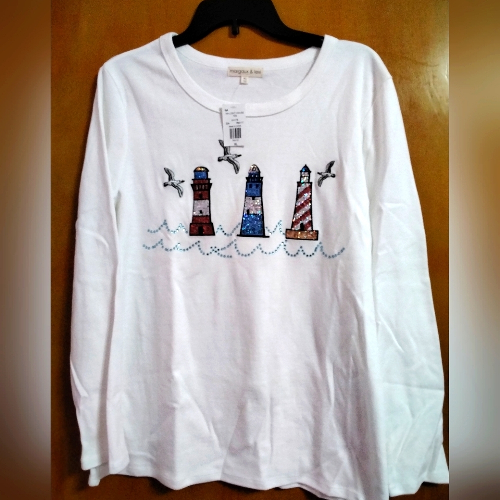 Sequin Lighthouse Womens XL Shirt - White